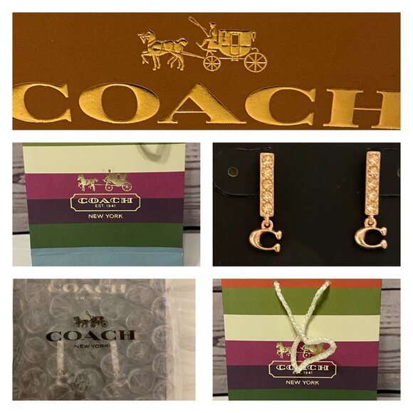 NEW Coach SIGNATURE "C" PAVE BAR Sparkle STUD EARRINGS Rose Gold-tone w/Gift Bag - Picture 7 of 13
